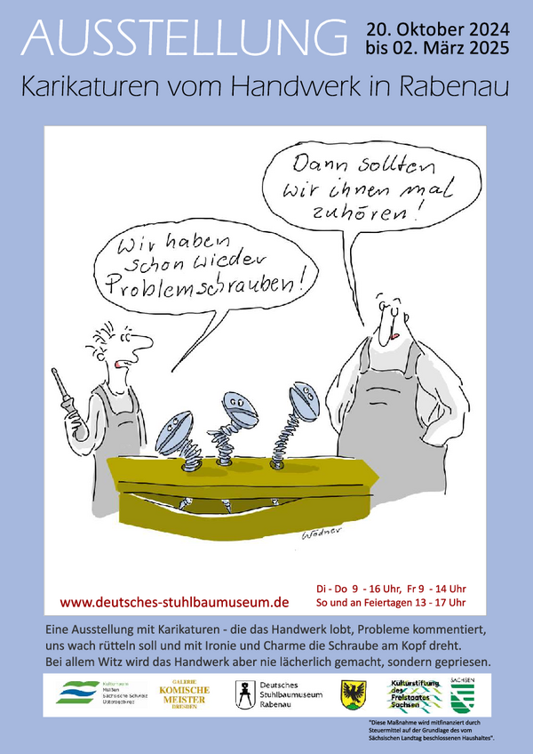 Plakat "Locker vom Hocker" - Ausstellung von Karikaturen zum Handwerk im Stuhlbaumuseum Rabenau